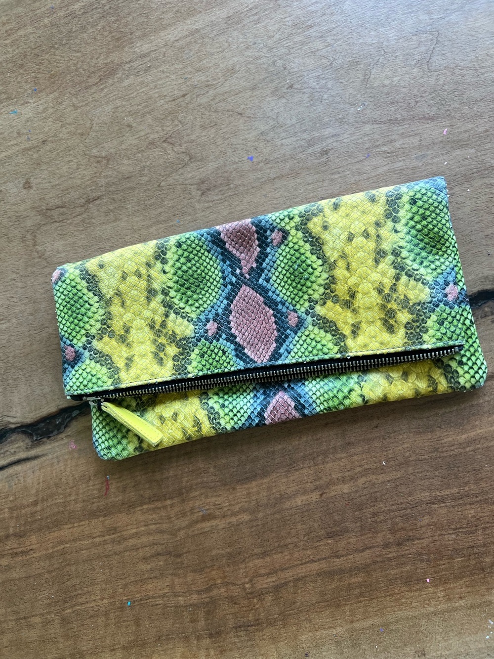 Neon Snake Print Foldover Clutch - Yellow & Pink